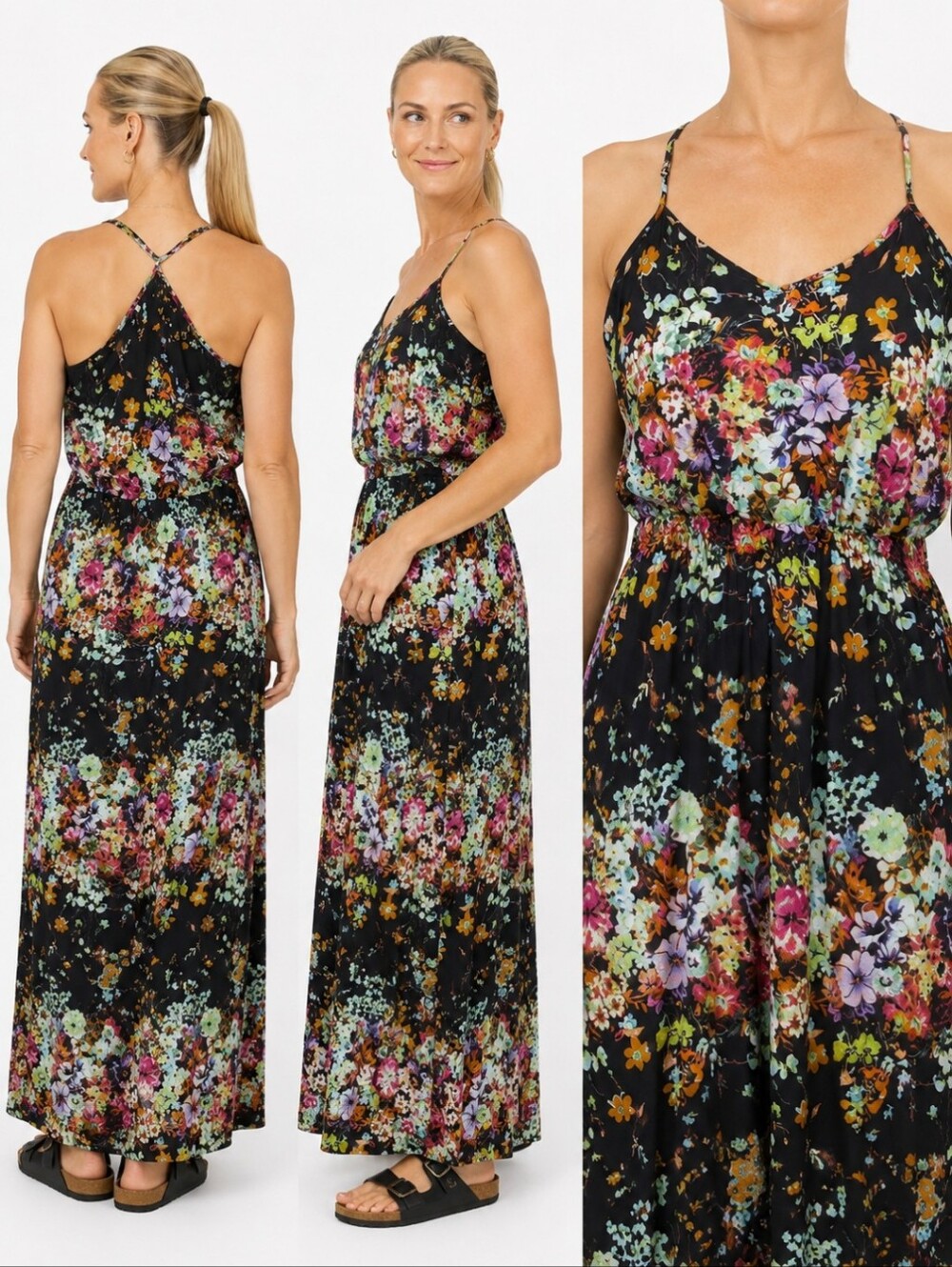 Dark Fairy Vacation Black Floral Strappy Halter Maxi Dark Romantic  Dress Sz S